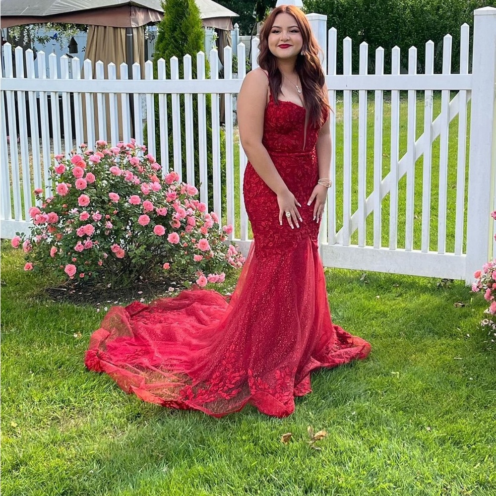 Portia and Scarlett Vibrant Red Lace Prom Dress